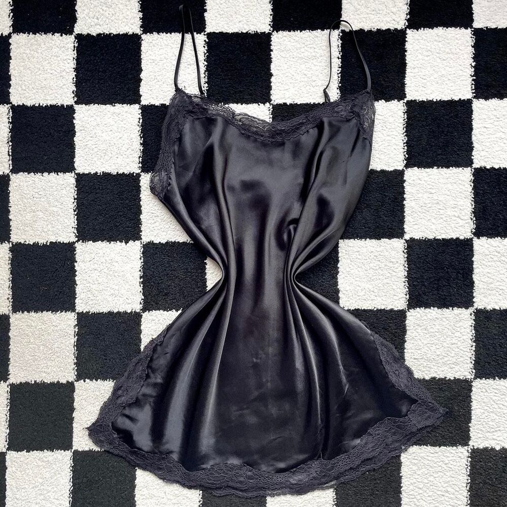 Victoria's Secret Black Satin Lace Trim Slip Chemise